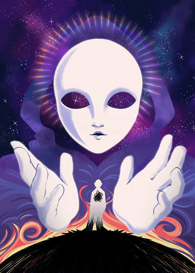 Cosmic Entity with Figure on Hill