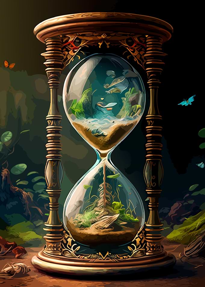 Hourglass with miniature ecosystems inside