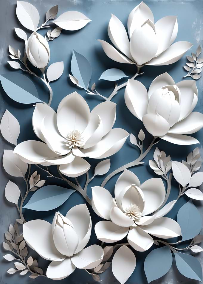 White Magnolia Flowers on Blue Background
