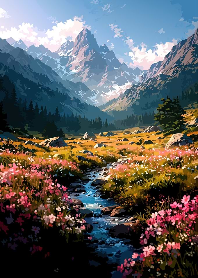 Mountain Meadow Landscape with Stream