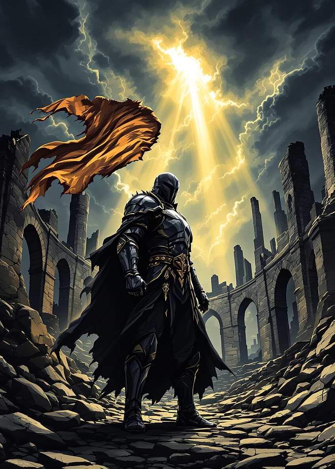 Armored Knight in Ruined Cityscape