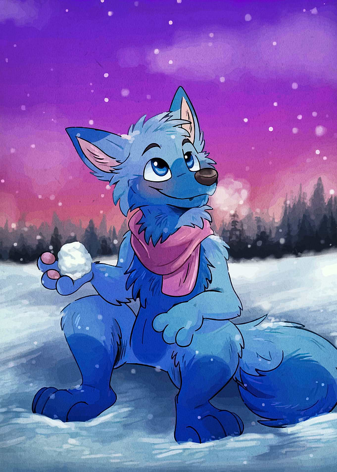 Blue Furry with Snowball in Winter