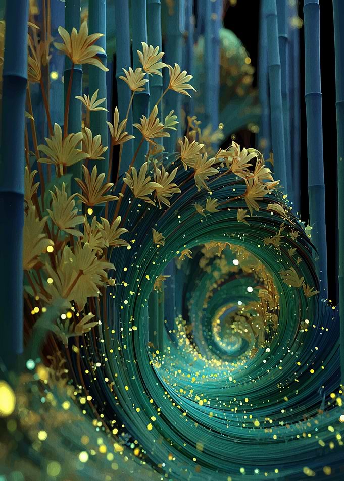 Bamboo Forest Swirl with Golden Flowers