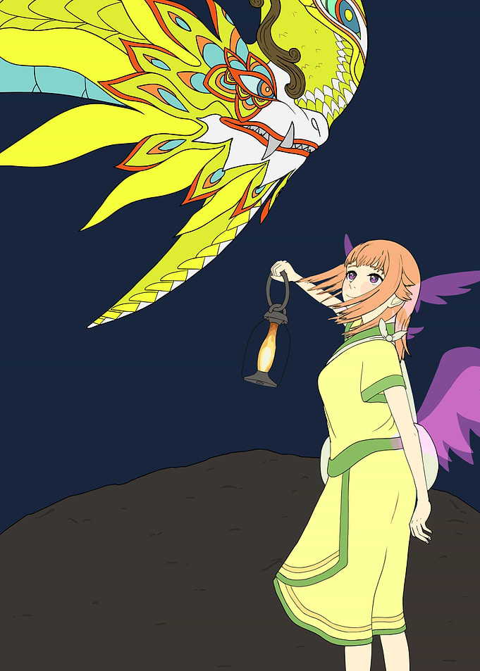 Anime girl with lantern and dragon