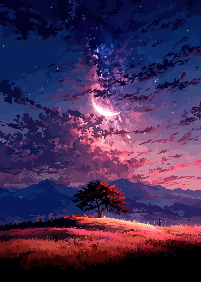 Dreamy Landscape with Crescent Moon