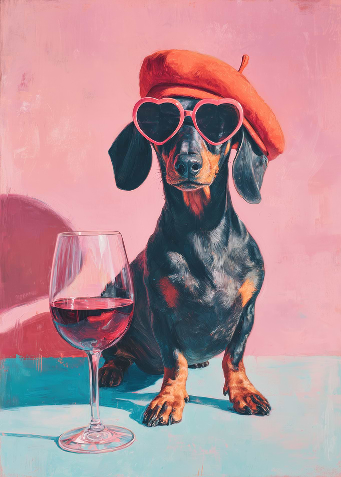 Dachshund with Beret and Wine
