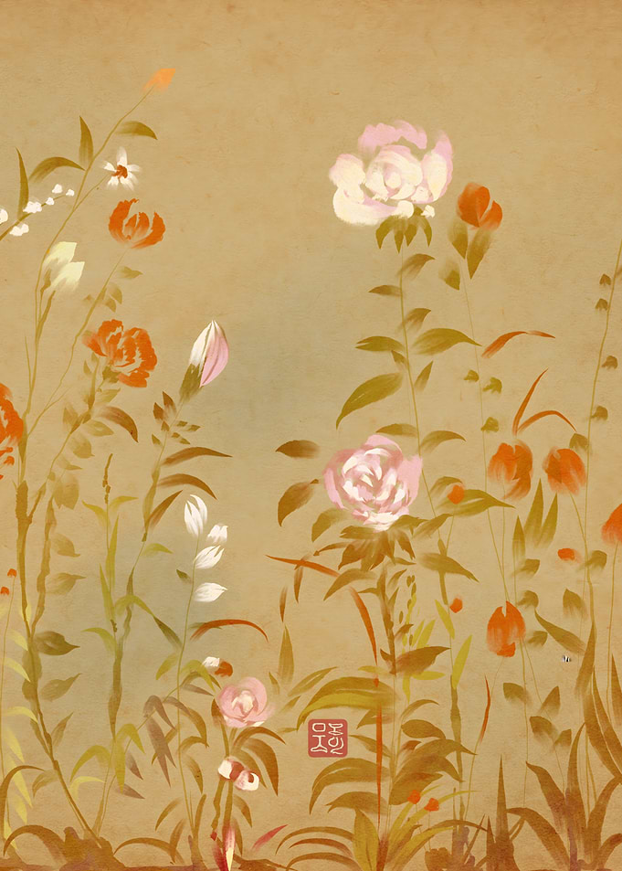 Joseon inspired Floral Painting with Roses and Leaves