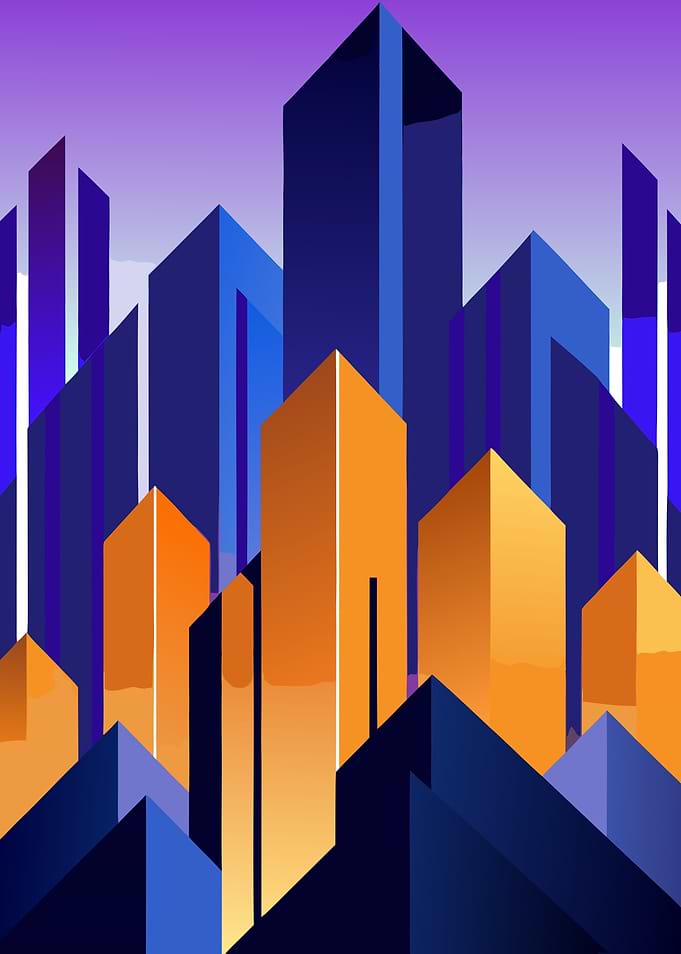 Abstract Retro Cityscape with Geometric Buildings Metal Wall Print Art