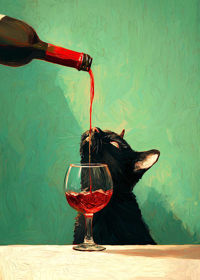 Cat drinking wine painting