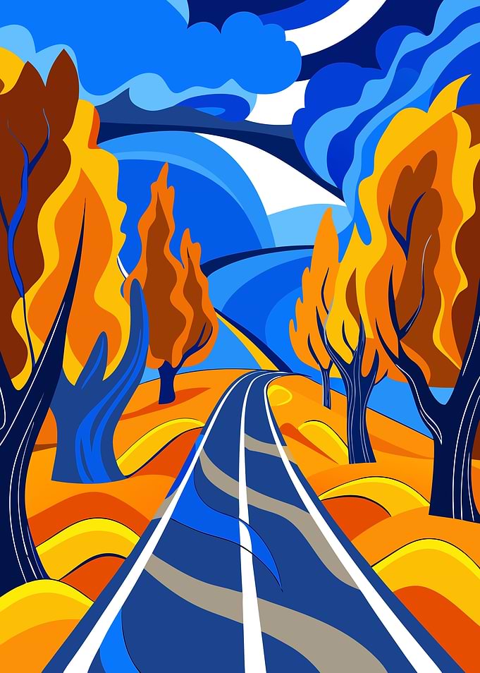 Autumn Road Landscape Illustration Metal Wall Print Art