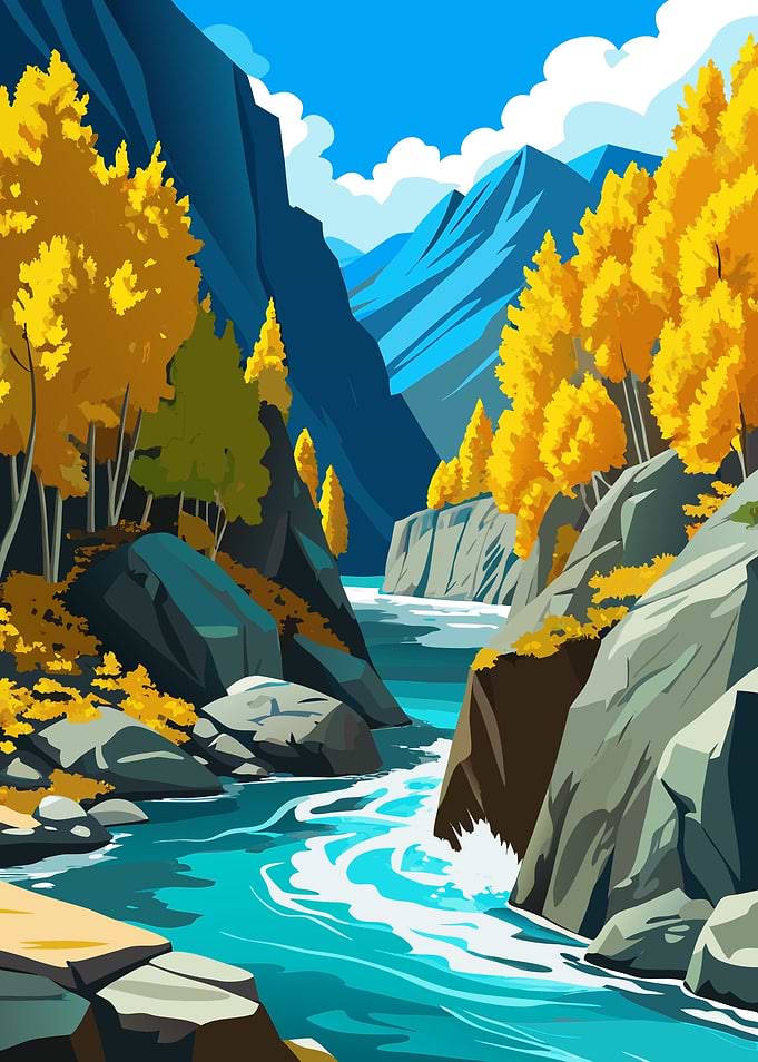 Autumn River Gorge Landscape Illustration Metal Wall Print Art