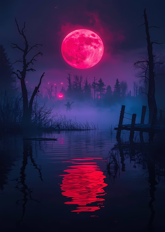 Eerie Pink Moon Over Misty Lake