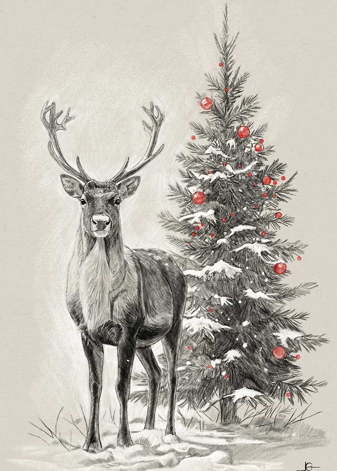 Christmas Deer and Tree Drawing