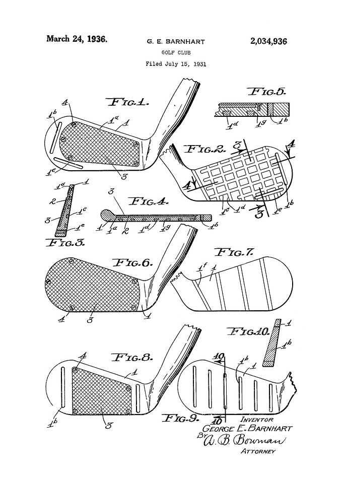 Golf Club Patent Drawing - 1936