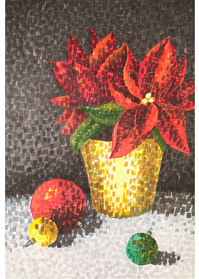 Poinsettia and Christmas Ornaments Still Life