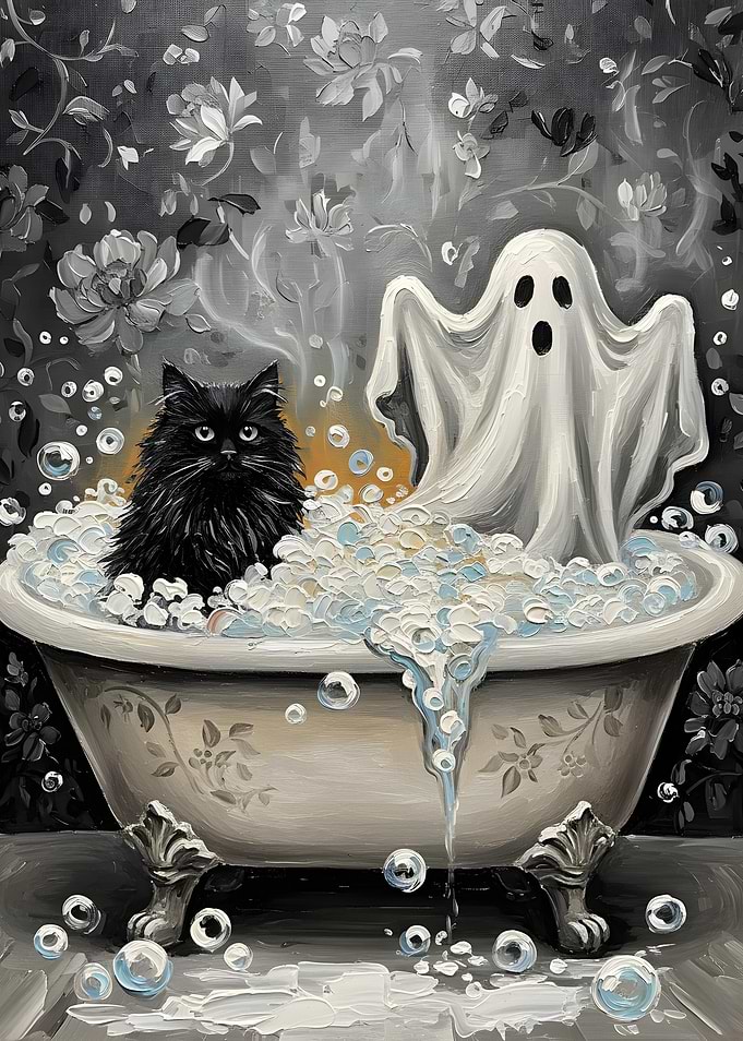 Cat and Ghost in Bathtub Painting