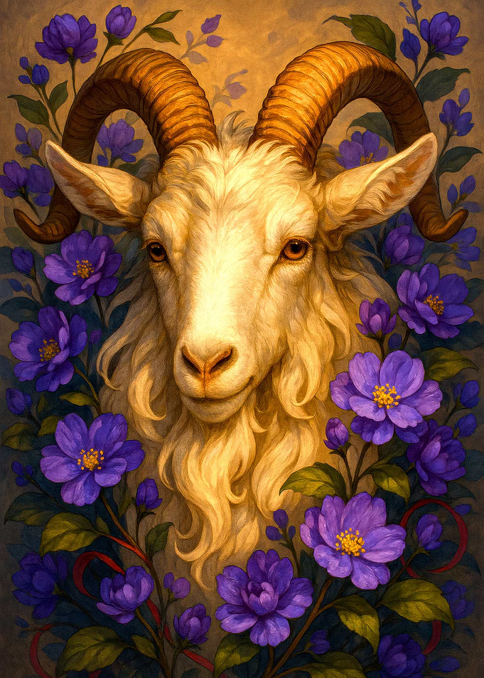 Ram Portrait with Purple Flowers