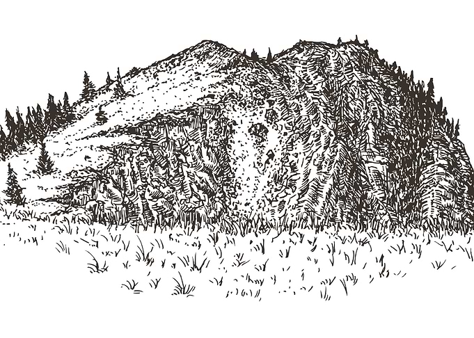 Mountain Sketch with Trees and Grass