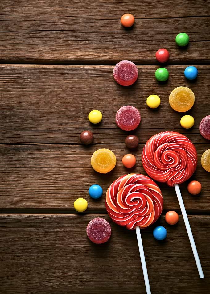 Colorful Candies on Wooden Background