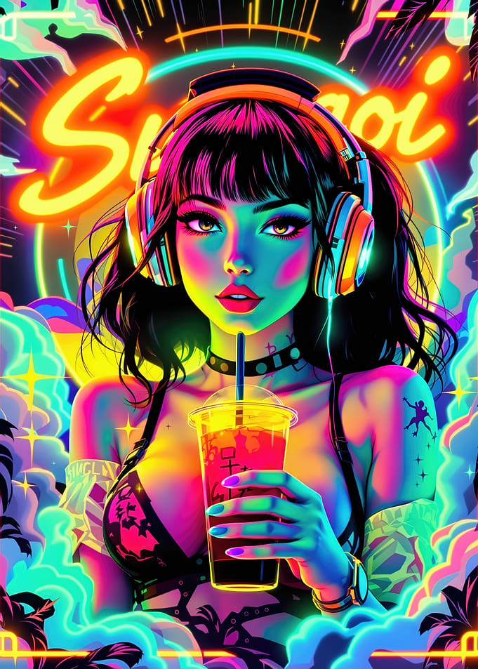 Neon Girl with Drink and Headphones