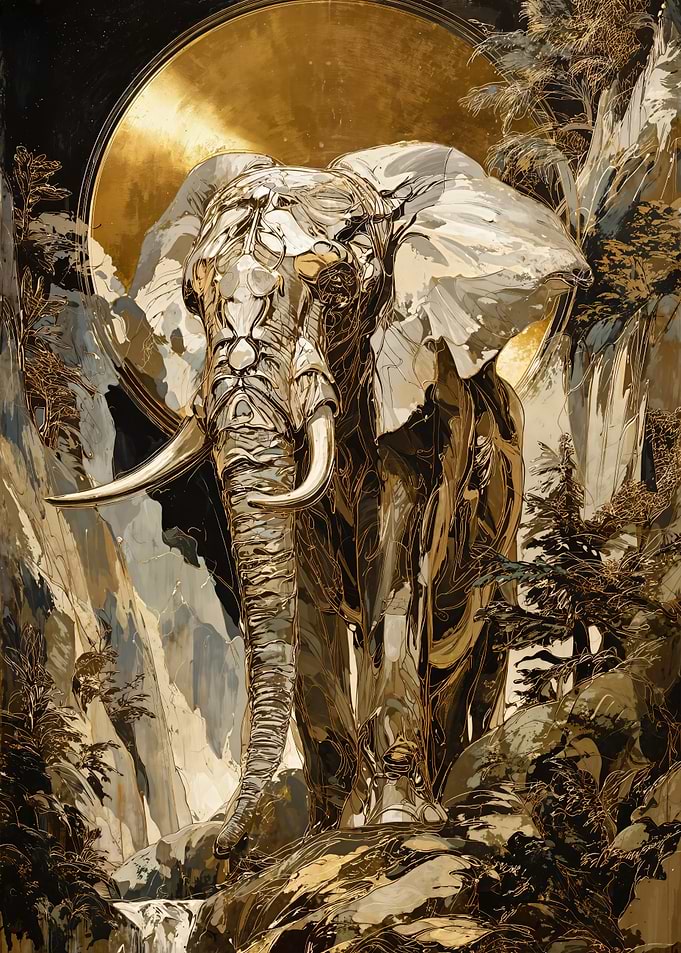 Golden Elephant in Mountain Landscape Painting