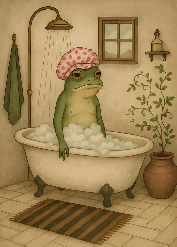 Frog in Bathtub with Shower Cap