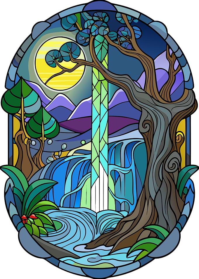 Stained Glass Waterfall Landscape Illustration Metal Wall Print Art