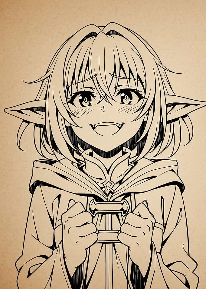 Anime Elf Girl Line Art Portrait
