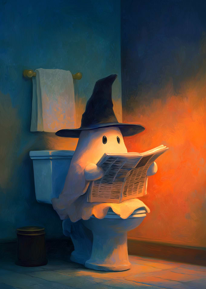 Ghost reading newspaper on toilet