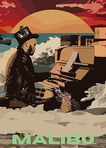 Man playing piano on Malibu beach