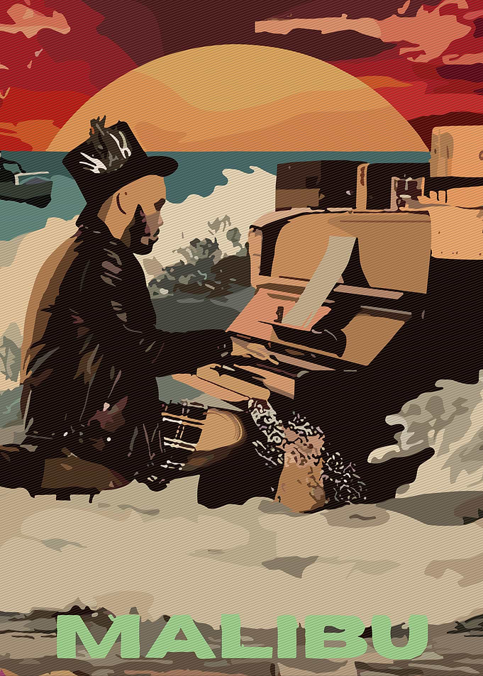 Man playing piano on Malibu beach