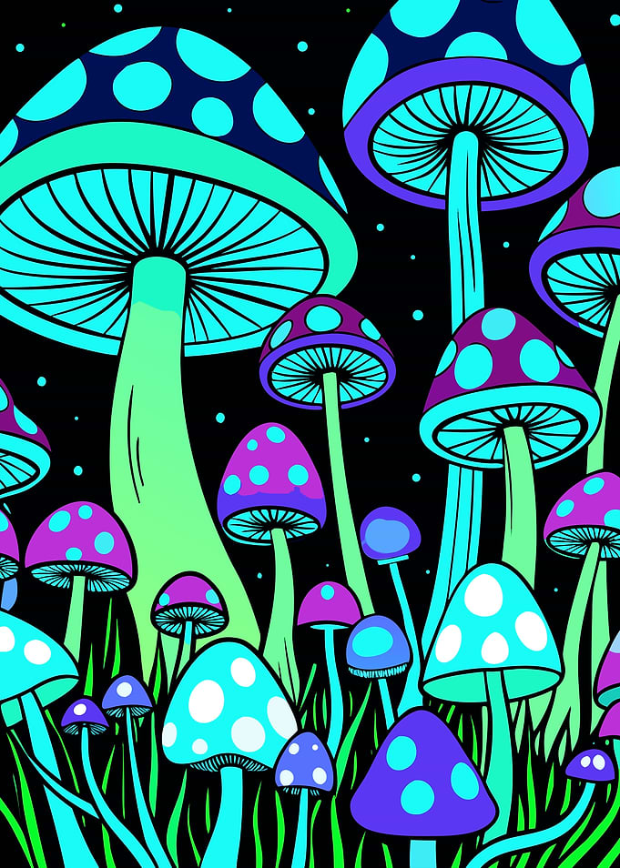 Vibrant Neon Psychedelic Magic Mushroom Forest Metal Wall Print Art