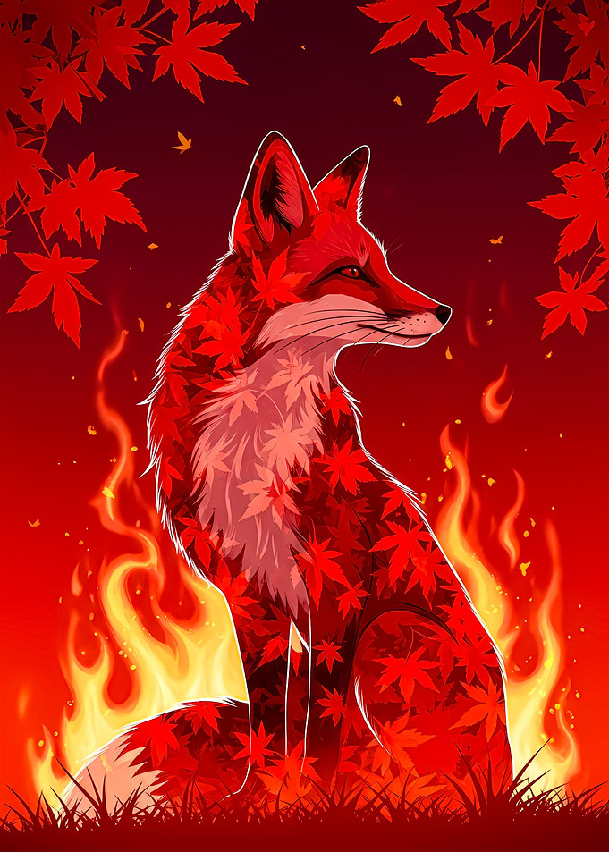 Fox with Maple Leaves and Fire