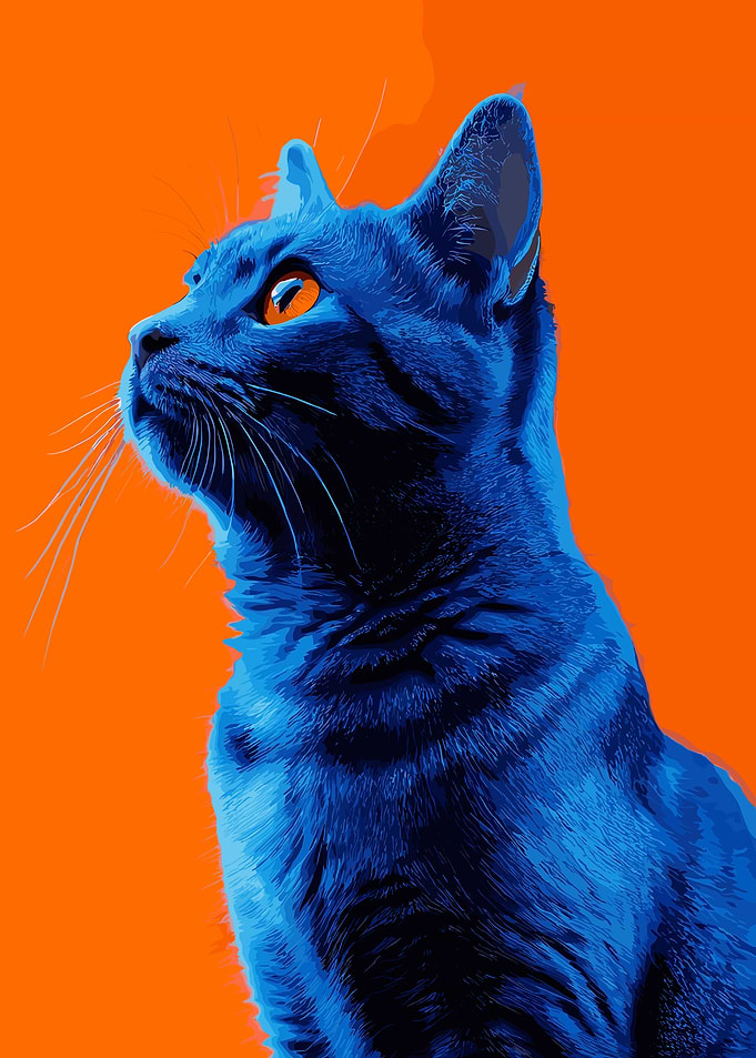 Blue Cat Portrait on Orange Background