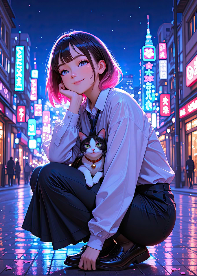 Anime Girl with Cat in Cityscape