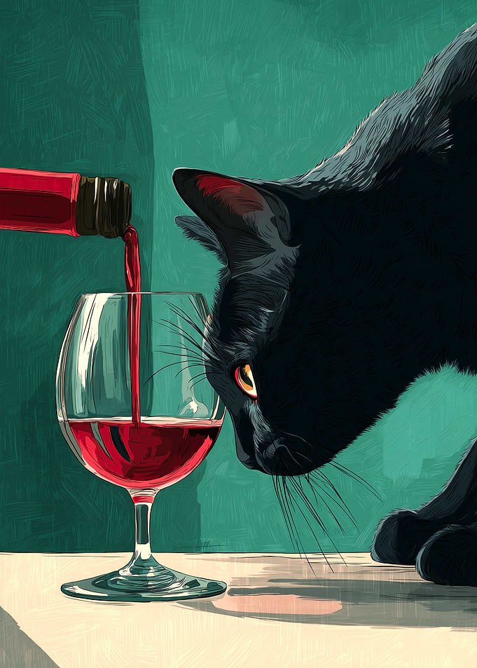 Black Cat and Wine Illustration