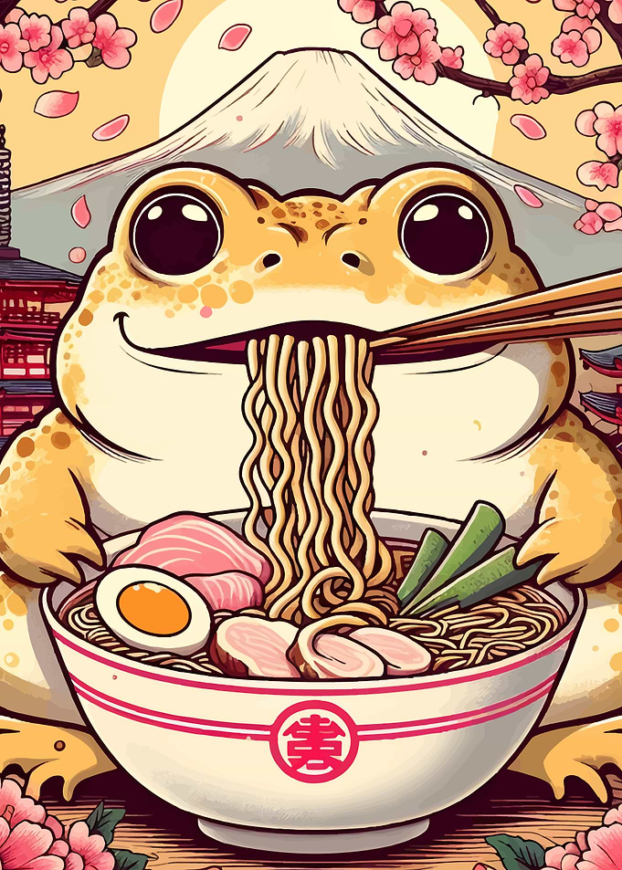 Frog eating ramen with Mount Fuji