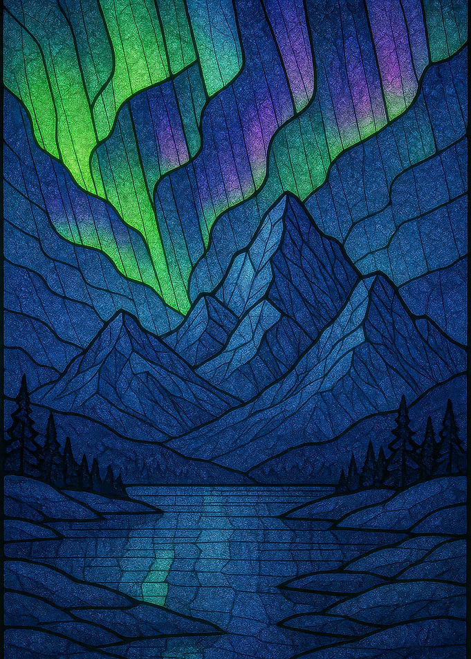Aurora Borealis Mountain Lake Landscape Art