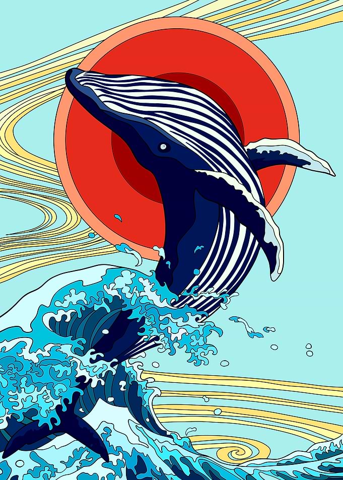 Whale breaching with sun and waves