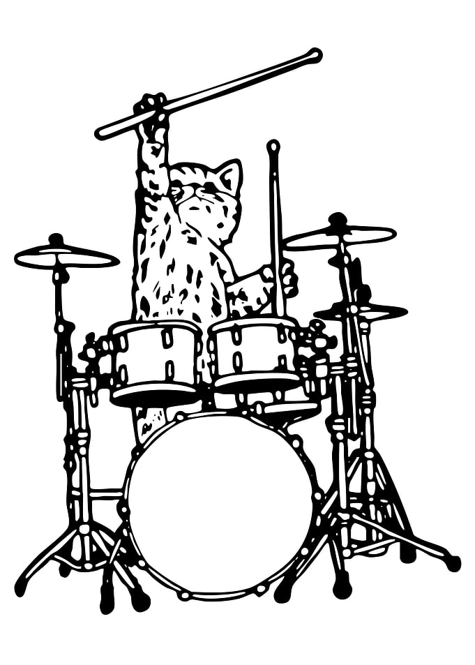 Cat drummer black and white illustration