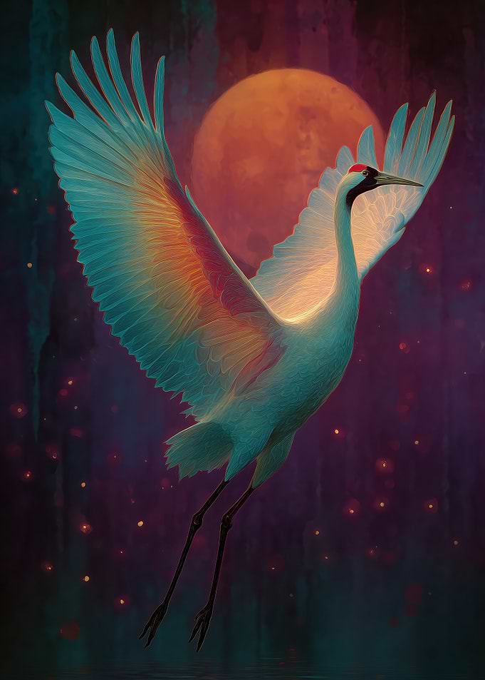 Crane in Flight with Moon