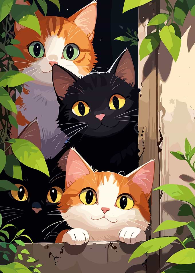 Cartoon Cats in Window
