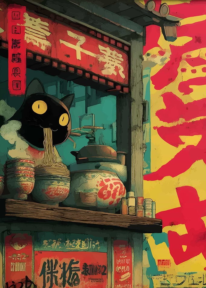 Cat eating noodles in Asian