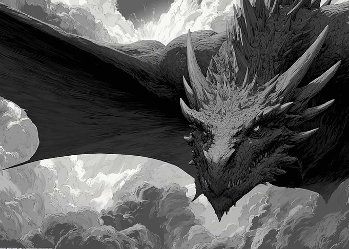 Monochrome Dragon in Cloudy Sky