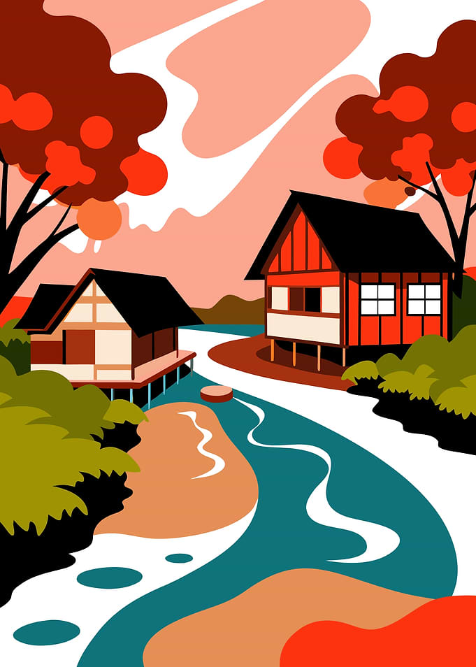 Japanese Style Rural Houses by River Landscape Illustration Metal Wall Print Art