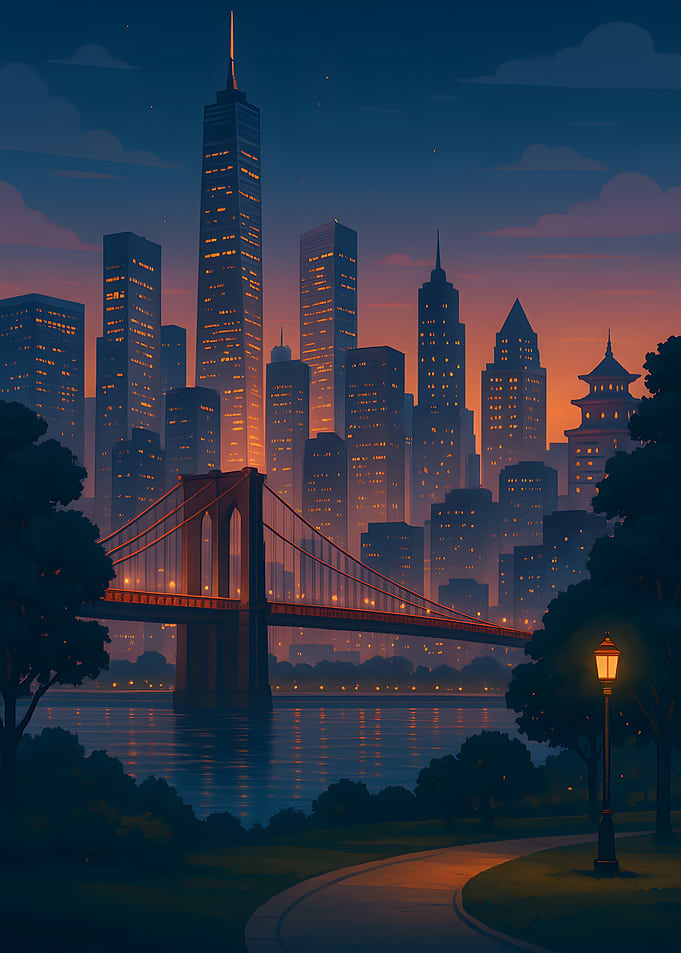 Cityscape at Dusk with Bridge