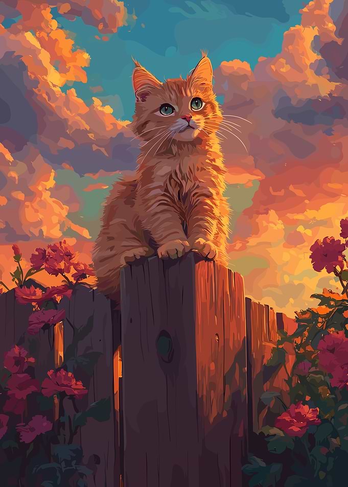 Ginger Cat on Fence at Sunset
