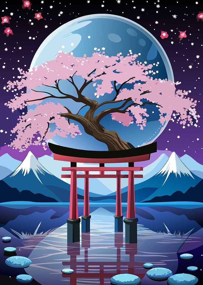 Cherry Blossom Japanese and Full Moon Mystical Torii Gate Landscape Metal Wall Print Art