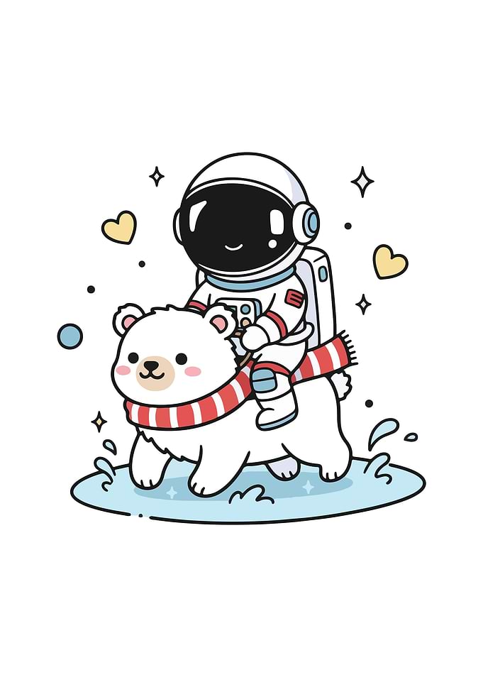 Astronaut riding a polar bear cartoon