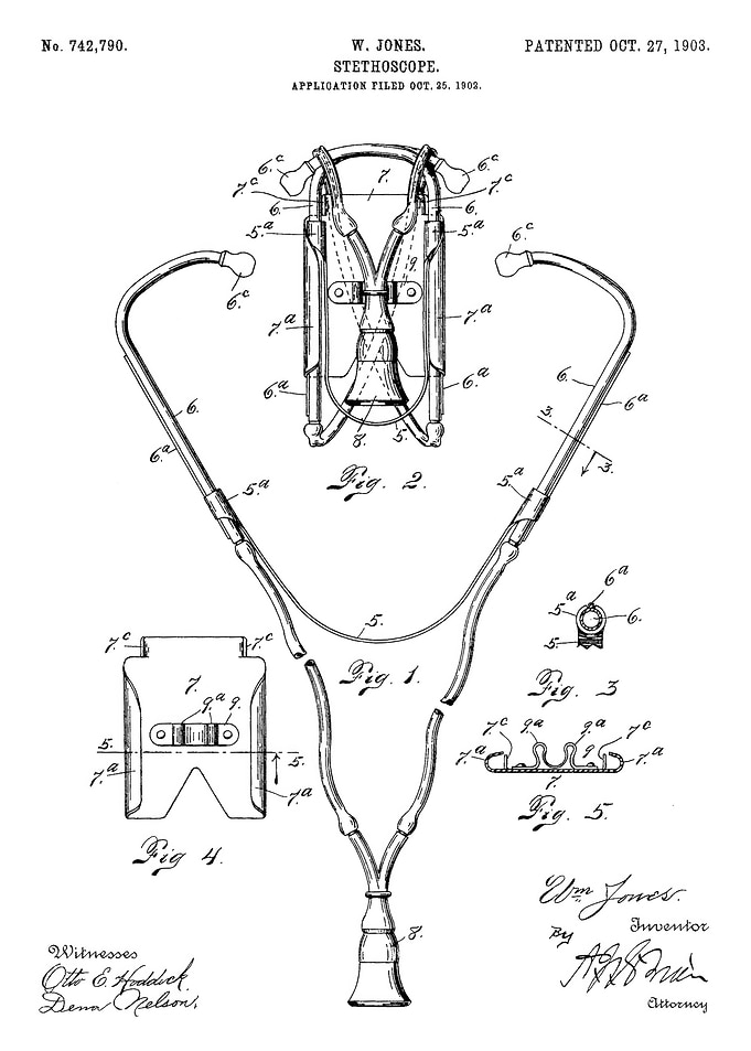Stethoscope Patent Drawing, W. Jones, 1903
